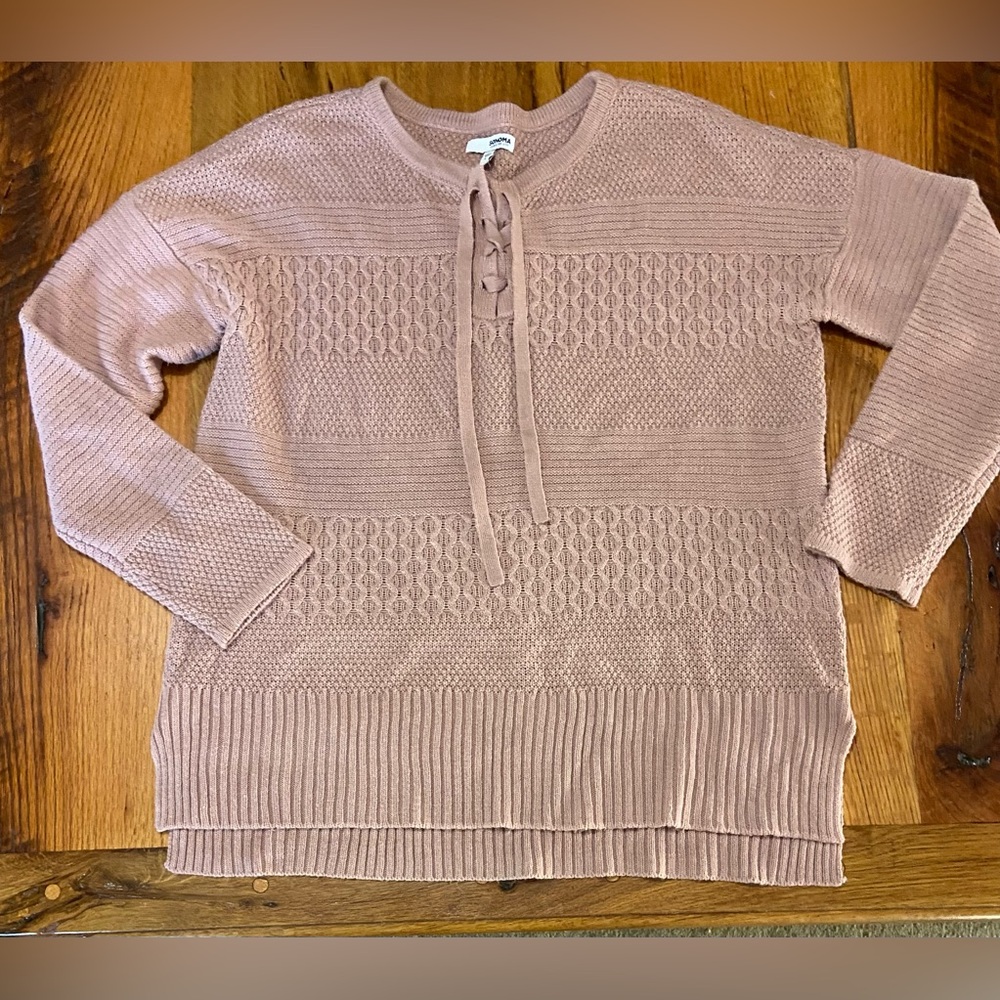 Sonoma Dusty Rose Tie Front Comfy Cozy Sweater with Side Slits, Size Large